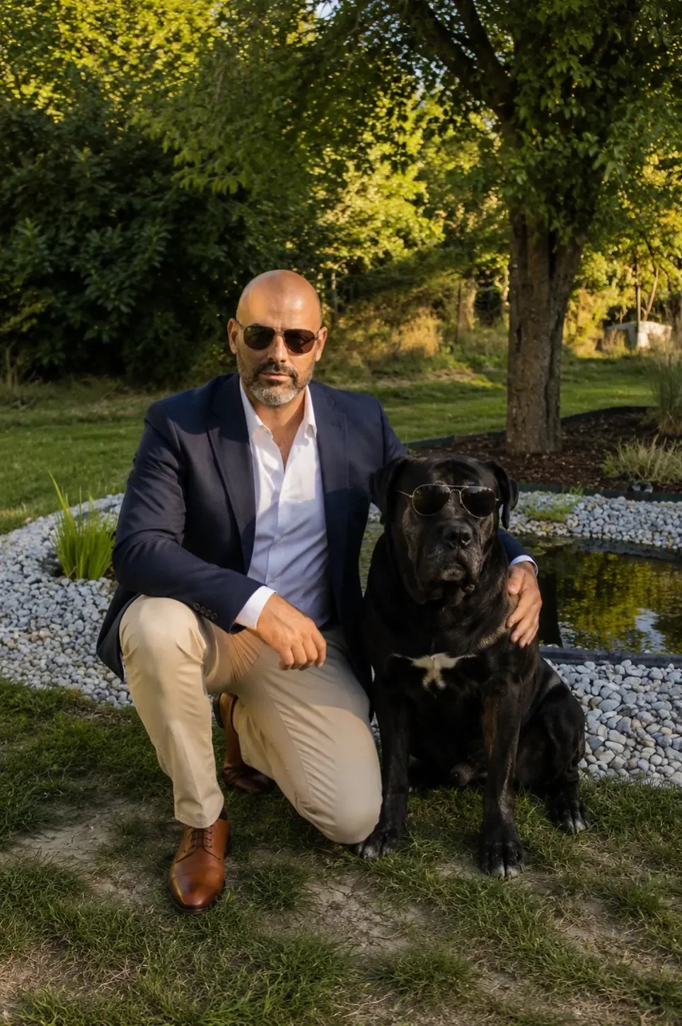 Pascal mit seinem Hund Solomon im Garten